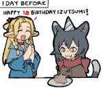  2girls :d ^_^ animal_ears birthday_cake black_hair blonde_hair blue_capelet blue_robe braid brown_coat cake candle capelet cat_ears cat_girl cat_tail closed_eyes coat commentary dungeon_meshi english_commentary english_text food hair_ribbon hands_up izutsumi marcille_donato multiple_girls pantsu-ripper pointy_ears red_ribbon red_scarf ribbon robe scarf short_hair smile speech_bubble table tail upper_body white_background wide_sleeves 