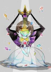  aegislash bob_cut colored_skin crown dress elbow_gloves gardevoir gloves green_hair highres koutetu_sin mega_gardevoir one-eyed pink_eyes pokemon pokemon_(creature) simple_background sitting sword violet_eyes weapon white_dress white_gloves white_skin 