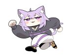  1girl :3 :d absurdres ahoge animal_ear_fluff animal_ears black_jacket blush cat_ears cat_girl cat_tail chibi clenched_hands cocomayo29_(tomato) commentary_request fang full_body highres hololive jacket korean_commentary long_sleeves looking_at_viewer medium_hair nekomata_okayu nekomata_okayu_(1st_costume) pants purple_hair simple_background smile solo tail violet_eyes virtual_youtuber white_background white_pants 