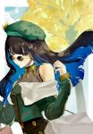  1girl absurdres bare_shoulders beret black_hair blue_hair bracelet colored_inner_hair fate/grand_order fate_(series) grey_eyes hat highres jacket jewelry long_hair multicolored_hair neck_ring round_eyewear smile solo sunglasses tenochtitlan_(fate) tenochtitlan_(second_ascension)_(fate) tree two-tone_hair 