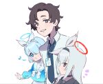 1boy 2girls :3 arona_(blue_archive) black_eyes blue_archive blue_eyes blue_hair blue_necktie blue_shirt blush_stickers bow bow_hairband bowtie brown_eyes brown_hair choker closed_mouth collared_shirt eighth_note grey_hair hair_over_one_eye hairband halo highres lanyard long_sleeves looking_at_viewer multiple_girls musical_note nara_123 necktie notice_lines open_mouth plana_(blue_archive) sailor_collar sensei_(blue_archive) sensei_(blue_archive_the_animation) shirt short_hair smile upper_body whistling white_background 