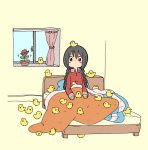  1girl animal bed bird black_hair braid brown_background chick chick_girl_(yukimoto_shuuji_(gurigura)) closed_mouth collared_shirt commentary_request curtains dancing_flower flower grey_eyes highres indoors long_hair long_sleeves looking_at_viewer low_twintails original pajamas pillow red_flower red_pajamas red_shirt shirt sleeves_past_wrists solo sunglasses too_many too_many_chicks twin_braids twintails under_covers window yukimoto_shuuji_(gurigura) 