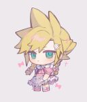  1boy alternate_costume alternate_hairstyle apron blonde_hair blue_eyes blush bow braid chibi cloud_strife commentary crossdressing dress expressionless final_fantasy final_fantasy_vii floral_print frilled_dress frilled_socks frills full_body grey_background hair_bow hair_ornament hairclip long_hair looking_to_the_side male_focus maomaoyu neck_ruff octopus_hair_ornament pink_bow pink_dress pink_footwear puffy_short_sleeves puffy_sleeves short_sleeves simple_background socks solo sparkle spiky_hair standing twin_braids white_apron 