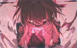  1girl blue_archive corruption dark_persona hands_up hashtag-only_commentary highres hollow_eyes hoshino_(blue_archive) hoshino_terror_(blue_archive) looking_down official_alternate_costume official_alternate_hair_length official_alternate_hairstyle own_hands_together pink_hair red_theme short_hair solo tears upper_body yu1619khz 