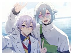  2boys aiue_o_eiua alternate_costume beach blue-tinted_eyewear blue_eyes blue_hair blue_shirt blue_sky border bunny_ears_prank closed_mouth collared_shirt commentary_request fanny_pack forest glasses gradient-tinted_eyewear green_background idolish7 jacket male_focus multicolored_shirt multiple_boys nature ocean open_mouth osaka_sougo outdoors pink-tinted_eyewear purple_hair shirt short_hair sky smile sweater teeth tinted_eyewear upper_body upper_teeth_only violet_eyes white_jacket white_shirt white_sweater yellow_shirt yotsuba_tamaki 