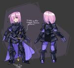  1girl armor black_armor boots breastplate cape color_guide crotch_plate cuirass english_commentary english_text fate/grand_order fate_(series) faulds full_body gauntlets gloves gorget greaves grin hair_over_one_eye half-closed_eye high_heel_boots high_heels looking_to_the_side mash_kyrielight medium_hair multiple_views partially_fingerless_gloves pauldrons pink_hair purple_cape redesign reference_sheet rerebrace scabbard sheath sheathed shoulder_armor signature sketch smile sword teeth violet_eyes vitwixt waist_cape weapon 