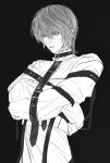  1boy 8knff absurdres belt_buckle black_background buckle collar crossed_arms death_note greyscale hair_between_eyes highres jacket male_focus monochrome parted_lips restrained short_hair sleeves_past_fingers sleeves_past_wrists solo straitjacket strap upper_body white_jacket yagami_light 