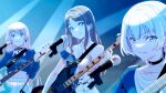  3girls bang_dream! bang_dream!_it&#039;s_mygo!!!!! bass_guitar black_choker blue_eyes blue_shirt brown_hair chihaya_anon choker closed_mouth commentary_request dress earrings electric_guitar guitar heterochromia highres holding holding_guitar holding_instrument instrument jewelry kaname_raana long_hair looking_at_viewer microphone multiple_girls nagasaki_soyo nagayama_momo necklace official_art pink_hair playing_guitar shirt skirt smile spot_light translation_request upper_body white_dress white_hair white_skirt 