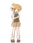  1boy basil_(faraway)_(omori) basil_(omori) blonde_hair blue_eyes blush brown_footwear brown_shorts closed_mouth collared_shirt flower full_body green_sweater_vest hair_flower hair_ornament highres looking_at_viewer mita_ru0 omori shirt short_hair short_sleeves shorts simple_background socks solo sweater_vest white_background white_shirt white_socks 