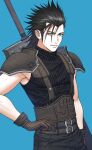  1boy armor belt belt_buckle black_gloves black_hair black_pants black_sweater blue_background blue_eyes buckle buster_sword closed_mouth crisis_core_final_fantasy_vii final_fantasy final_fantasy_vii final_fantasy_vii_rebirth final_fantasy_vii_remake gloves hair_slicked_back hand_on_own_hip ko102k1 looking_at_viewer male_focus multiple_belts pants ribbed_sweater shoulder_armor sleeveless sleeveless_turtleneck solo spiky_hair sweater sword sword_on_back turtleneck turtleneck_sweater upper_body weapon weapon_on_back zack_fair 