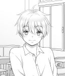  1boy ahoge buttons chair classroom closed_mouth collared_shirt commentary_request day desk greyscale hair_between_eyes highres indoors looking_at_viewer male_focus mitsuhashitohru_pxv monochrome open_collar original school_chair school_desk shelf shirt short_hair smile solo upper_body window 