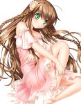  absurdres ahoge blush braid brown_hair dress flower green_eyes hair_between_eyes hair_flower hair_ornament highres hinoue_itaru kanbe_kotori long_hair non-web_source pink_dress pink_flower rewrite short_sleeves twin_braids very_long_hair 