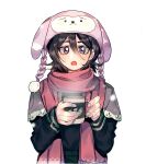  1girl absurdres animal_ear_headwear animal_hat black_hair bleach chappy cup hair_between_eyes hat highres holding holding_cup kuchiki_rukia long_sleeves looking_at_viewer mug open_mouth pink_scarf scarf shawl solo steam upper_body violet_eyes white_background winter_clothes xi_luo_an_ya 