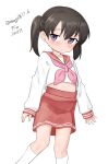  1girl absurdres black_hair cosplay feet_out_of_frame highres hiiragi_kagami hiiragi_kagami_(cosplay) kantai_collection long_sleeves lucky_star maru_(marg0613) neckerchief one-hour_drawing_challenge pink_neckerchief pleated_skirt red_sailor_collar red_skirt ryouou_school_uniform sailor_collar school_uniform serafuku shirt short_hair shounan_(kancolle) simple_background skirt solo twintails twitter_username violet_eyes white_background white_shirt 