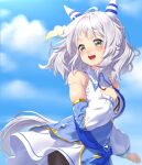  1girl animal_ears bare_shoulders blue_sky breasts brown_eyes clouds collared_dress detached_sleeves dress ear_covers ear_ornament eyebrows_hidden_by_hair grey_hair hair_ornament hand_on_own_chest highres hishi_miracle_(umamusume) horse_ears horse_girl horse_tail medium_breasts medium_hair onsoku_inu open_mouth sky solo tail teeth umamusume upper_teeth_only white_dress 