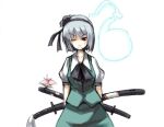  1girl alternate_eye_color arms_behind_back ascot black_ascot black_hairband black_ribbon blood blood_in_mouth breasts closed_mouth collarbone collared_shirt commentary_request cowboy_shot crossed_swords green_skirt green_vest hair_ribbon hairband konpaku_youmu konpaku_youmu_(ghost) medium_breasts one_eye_closed puffy_short_sleeves puffy_sleeves red_eyes ribbon shirt short_hair short_sleeves simple_background skirt solo suwi sword touhou v-shaped_eyebrows vest weapon white_background white_hair white_shirt 