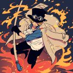  1boy ascot black_gloves black_hat black_pants blonde_hair blue_shorts coat coat_on_shoulders commentary_request embers fire full_body gloves goggles goggles_on_headwear hat hatch_(8cco) looking_to_the_side male_focus one_piece pants sabo_(one_piece) shorts smile solo top_hat white_ascot 