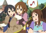  4girls apron backpack bag black_hair blush brown_hair clear_file_(medium) eighth_note hand_on_another&#039;s_shoulder highres hirasawa_yui k-on! k-on!_movie kawaguchi_norimi kawanami_eisaku long_hair multiple_girls musical_note nakano_azusa necktie official_art open_mouth phone scan short_hair speech_bubble talking_on_phone yamanaka_sawako 