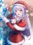  1girl artist_name bluesky_username blush brown_eyes capelet christmas christmas_ornaments christmas_tree commission dress gloves hair_between_eyes hat holding ittokyu kantai_collection long_hair long_sleeves looking_at_viewer open_mouth pixiv_id pom_pom_(clothes) red_capelet red_dress santa_costume santa_hat shoukaku_(kancolle) signature skeb_commission solo twitter_username very_long_hair white_gloves white_hair 