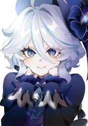  1girl ahoge ascot asymmetrical_gloves black_ascot blue_ascot blue_bow blue_brooch blue_gemstone blue_hair blue_hat blue_jacket bow cheek_bulge double-parted_bangs drop-shaped_pupils frilled_sleeves frills furina_(genshin_impact) gem genshin_impact gloves hair_between_eyes hair_intakes hands_on_own_face hat heterochromia highres jacket kodona light_blue_hair lolita_fashion long_sleeves looking_at_viewer mismatched_gloves mismatched_pupils multicolored_hair rei_(sss35_ss3) sidelocks smile solo streaked_hair symbol-shaped_pupils top_hat white_trim_bow 