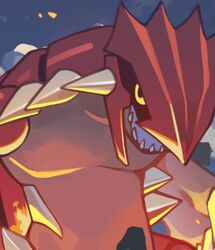  black_sclera claws colored_sclera commentary embers groudon looking_at_viewer lowres no_humans open_mouth orlek outdoors pokemon pokemon_(creature) solo spikes teeth yellow_eyes 