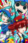  2girls @_@ apron aqua_eyes aqua_hair black_eyes black_necktie blue_dress bow bright_pupils collared_shirt commentary_request diagonal-striped_bow dress drill_hair ga-chan24 gloves hair_between_eyes hat hatsune_miku highres kasane_teto long_hair mesmerizer_(vocaloid) multiple_girls necktie open_mouth puffy_short_sleeves puffy_sleeves red_eyes red_hat redhead sharp_teeth shirt short_sleeves smile sparkling_eyes striped_clothes striped_dress striped_shirt suspenders sweat teeth tongue tongue_out twin_drills twintails utau v-shaped_eyebrows vertical-striped_clothes vertical-striped_dress vertical-striped_shirt visor_cap vocaloid waist_apron waitress white_apron white_pupils white_shirt yellow_gloves 