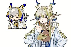  1girl ;o arknights bare_shoulders beads blonde_hair blue_eyes blue_hair chibi chinese_commentary colored_extremities commentary_request dragon_girl dragon_horns earrings fingernails gourd grey_hair hair_between_eyes hair_intakes hair_ornament hair_stick hairpin highres holding holding_gourd horns jacket jewelry long_hair long_sleeves looking_to_the_side multicolored_hair necklace off_shoulder one_eye_closed open_clothes open_jacket parted_lips pointy_ears shu_(arknights) simple_background sketch solo white_background white_jacket xinjinjumin_(cu_again) yellow_eyes 