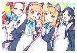  4girls absurdly_long_hair apron aris_(blue_archive) aris_(maid)_(blue_archive) black_dress blonde_hair blue_archive blue_eyes blush dress duster frilled_apron frills green_eyes green_halo halo holding holding_duster long_hair long_sleeves looking_at_viewer maid maid_apron maid_headdress midori_(blue_archive) midori_(maid)_(blue_archive) momoi_(blue_archive) momoi_(maid)_(blue_archive) multiple_girls official_alternate_costume one_eye_closed open_mouth pink_halo red_eyes redhead sato_(r017xts117) short_hair siblings sisters smile twins very_long_hair violet_eyes white_apron yellow_halo yuzu_(blue_archive) yuzu_(maid)_(blue_archive) 