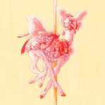  animal_focus bow bridle carousel deer fawn fleebites flower flower_on_head from_behind no_humans original pastel_colors peony_(flower) pink_flower pink_fur pole red_bow running saddle simple_background yellow_background 