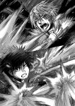  2boys accelerator_(toaru_majutsu_no_index) battle clenched_teeth commentary_request duel eye_trail fur-trimmed_hood fur-trimmed_jacket fur_trim greyscale highres hood hood_down jacket kamijou_touma light_trail long_sleeves making-of_available monochrome motion_lines multiple_boys nose open_mouth partial_commentary psychic scene_reference screaming short_hair spiky_hair tapi_oka@kankore teeth toaru_majutsu_no_index toaru_majutsu_no_index:_old_testament 