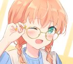  1girl ;d absurdres adjusting_eyewear alternate_hairstyle aqua_eyes bespectacled blue_shirt blush braid close-up commentary_request crossed_bangs glasses highres hinoshita_kaho link!_like!_love_live! looking_at_viewer love_live! low_twin_braids medium_hair multicolored_nails one_eye_closed open_mouth orange_hair orange_nails portrait shirt smile solo twin_braids virtual_youtuber white_nails yellow-framed_eyewear yutuki_ame 