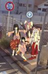  4girls ;d backpack bag black_hair commentary double_v english_commentary fujiwara_no_mokou full_body google_street_view high_school_girls_posing_for_google_street_view_(meme) highres houraisan_kaguya inaba_tewi long_hair looking_at_viewer meme multiple_girls no_hair_bow one_eye_closed outdoors outstretched_arm pants purple_hair red_eyes red_footwear red_pants red_skirt reisen_udongein_inaba road_sign sazzuno shirt sidelocks sign skirt smile standing standing_on_one_leg touhou v white_hair white_shirt 