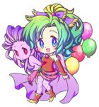  2girls animal_balloon bare_shoulders blue_eyes boots breasts cape chibi closed_mouth colored_skin detached_sleeves dress dual_persona earrings final_fantasy final_fantasy_vi full_body gold_trim green_hair hair_bobbles hair_ornament hair_ribbon jewelry long_hair medium_breasts monster_girl moogle motoko_(taom) multiple_girls open_mouth pantyhose parted_bangs pink_cape pink_skin polka_dot_pantyhose ponytail purple_hair red_dress red_eyes red_footwear red_sleeves ribbon smile strapless strapless_dress terra_branford trance_terra_branford tube_dress waist_sash white_background 