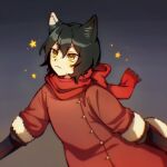  1girl animal_ears black_hair candy00985 cat_ears cat_girl coat dungeon_meshi fur-trimmed_sleeves fur_trim highres izutsumi red_coat red_scarf scarf short_hair simple_background solo star_(symbol) upper_body yellow_eyes 