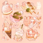  :3 animal-themed_food artist_name black_eyes blush_stickers branch cherry_blossoms closed_mouth commentary cup dango disposable_cup doughnut drink drinking_straw english_commentary flower food food_focus highres ice_cream ice_cream_cone icicle mochi nao_(bestrollever) napkin no_humans nose_bubble notice_lines original pink_background pink_flower pocky rabbit sanshoku_dango simple_background smile solid_oval_eyes spring_(season) wagashi watermark whipped_cream 