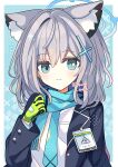  1girl animal_ear_fluff animal_ears aqua_scarf black_jacket blue_archive blue_eyes blue_halo blush breast_pocket commentary cross cross_hair_ornament gloves green_gloves grey_hair hair_ornament halo highres id_card inverted_cross jacket long_hair looking_at_viewer mismatched_pupils pocket scarf school_uniform shirocha_tei shiroko_(blue_archive) shirt solo twitter_username white_shirt wolf_ears 