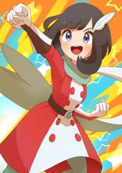  1girl :d black_hair clenched_hands dress gloves hair_ornament highres long_sleeves official_alternate_costume open_mouth pokemon pokemon_masters_ex red_dress refisa scarf selene_(pokemon) selene_(special_costume)_(pokemon) short_hair smile solo teeth two-tone_dress upper_teeth_only violet_eyes white_dress white_gloves 