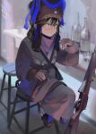  1girl absurdres alcohol bar_(place) belt black_hair blurry blush bottle coat cup drinking_glass fur_hat gun hat highres holding holding_cup indoors knife long_hair looking_at_viewer military original polilla pouch rifle scarf shot_glass sidelocks sitting sks smile soldier solo stool ushanka weapon winter_clothes winter_coat winter_uniform yellow_eyes 