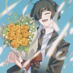  1girl black_hair black_jacket black_suit blue_sky blurry blurry_background bouquet bow chainsaw_man closed_eyes collared_shirt day depth_of_field eyepatch flower highres himeno_(chainsaw_man) holding holding_bouquet ice_morinaka jacket open_clothes open_jacket open_mouth outdoors red_bow ribbon rose shirt short_hair sky solo suit teeth upper_body white_ribbon white_shirt yellow_flower yellow_rose 