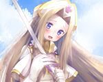  1girl blonde_hair blue_eyes blue_sky capelet character_request clouds commentary_request copyright_request cross_print gloves hat holding holding_staff light_blush long_hair nurse_cap open_mouth parted_bangs sky smile solo staff straight_hair sunlight upper_body usamata white_capelet white_gloves white_hat 