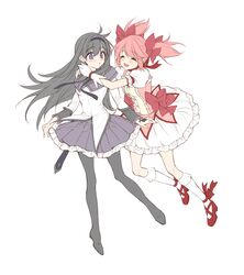  2girls :d :o akemi_homura arms_around_neck black_hair black_pantyhose black_skirt blush bow buttons closed_eyes facing_another floating_hair frilled_skirt frilled_socks frills gloves hair_bow high_heels highres hug hug_from_behind kaname_madoka kneehighs legs_apart long_hair long_sleeves mahou_shoujo_madoka_magica miniskirt misteor multiple_girls open_mouth pantyhose pink_hair pink_shirt pleated_skirt puffy_short_sleeves puffy_sleeves red_footwear shirt short_hair short_sleeves short_twintails simple_background skirt sleeve_cuffs smile socks teeth twintails two-tone_shirt upper_teeth_only violet_eyes white_background white_gloves white_shirt white_skirt white_socks wide-eyed yellow_shirt 