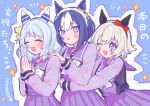  3girls :o animal_ears birthday blue_background blue_hair blush_stickers bow bowtie braid cesario_(umamusume) closed_eyes crown_braid curren_chan_(umamusume) dot_nose ear_bow ear_covers grey_hair hair_ornament hairclip hands_on_another&#039;s_shoulders highres hishi_miracle_(umamusume) horse_ears hug long_sleeves looking_at_another looking_at_viewer medium_hair multiple_girls notice_lines one_eye_closed open_mouth outline own_hands_together palms_together pink_eyes purple_shirt purple_skirt sailor_collar school_uniform shake_(shk_acr) shirt short_hair skirt sparkle tracen_school_uniform translation_request umamusume upper_body violet_eyes white_outline 