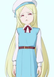  1girl belt blonde_hair blue_background blue_dress brown_belt dress easy_(aqk7bdqt) frown glaring hat long_hair looking_at_viewer mahou_shoujo_ni_akogarete morino_korisu neck_ribbon pink_eyes red_ribbon ribbon sailor_hat shirt simple_background solo white_hat white_shirt 