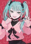  1girl ear_piercing fangs hair_ornament hatsune_miku heart highres jewelry jirai_kei long_hair long_sleeves looking_at_viewer mask mask_pull mouth_mask open_mouth piercing red_background ribbon shirt smile smtknitoha1 solo twintails vampire_(vocaloid) vocaloid 