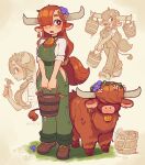  1girl absurdres animal_ears boots breasts brown_eyes brown_footwear brown_hair bucket cow cow_ears cow_girl cow_horns gaziter green_overalls highres holding holding_bucket horns long_hair medium_breasts open_mouth original ponytail solo 