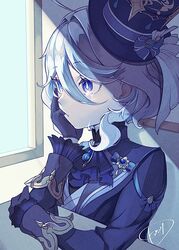 1girl ascot black_ascot blue_ascot blue_bow blue_brooch blue_gemstone blue_hair blue_hat blue_jacket blue_sleeves bow curly_hair drop-shaped_pupils frilled_sleeves frills furina_(genshin_impact) gem genshin_impact hair_between_eyes hair_intakes hand_on_own_elbow hand_on_own_face hat heterochromia highres jacket kodona light_blue_hair lolita_fashion long_sleeves mismatched_pupils multicolored_hair parted_bangs short_hair sidelocks signature solo star_(symbol) streaked_hair symbol-shaped_pupils tears tojillust top_hat white_hair white_trim white_trim_bow window 