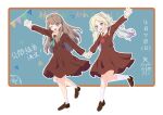  2girls :d ;d absurdres ai_ai_gasa ankle_socks aqua_neckerchief blonde_hair blue_eyes blue_hair border brown_dress brown_footwear brown_hair chalkboard commentary_request dress fang flower fujishima_megumi gradient_hair hair_flower hair_ornament hasu_no_sora_school_uniform hi_(rurimeg) highres holding_hands light_blue_hair link!_like!_love_live! loafers long_hair long_sleeves love_live! medium_dress mira-cra_park! multicolored_hair multiple_girls neckerchief one_eye_closed open_mouth osawa_rurino parted_bangs pleated_dress red_neckerchief running sailor_collar sailor_dress school_uniform shoes skin_fang smile socks translation_request triangle twintails two_side_up violet_eyes virtual_youtuber waving white_background white_border white_flower white_sailor_collar white_socks winter_uniform 