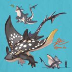  =_= animal_focus black_eyes blue_background claws closed_eyes fins fish fish_tail gills head_fins highres manta_ray monster no_humans open_mouth original silhouette simple_background sitting spikes tail yamamura_le 
