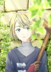  1boy against_wall bishounen blonde_hair brick_wall character_request colored_eyelashes commentary_request coppe_(pixiv_104389073) facing_viewer green_eyes hair_between_eyes highres holding holding_staff looking_to_the_side male_focus plant short_hair solo staff swept_bangs unicorn_overlord upper_body vines wooden_staff 