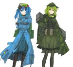  2girls absurdres aesur_a backpack bag black_gloves blue_coat blue_eyes blue_hair box camouflage closed_mouth coat crossed_arms feet_out_of_frame flat_cap gloves green_coat green_eyes green_hair green_hat hat highres kawashiro_nitori long_sleeves looking_at_another multiple_girls pantyhose pocket simple_background touhou two_side_up white_background yamashiro_takane 